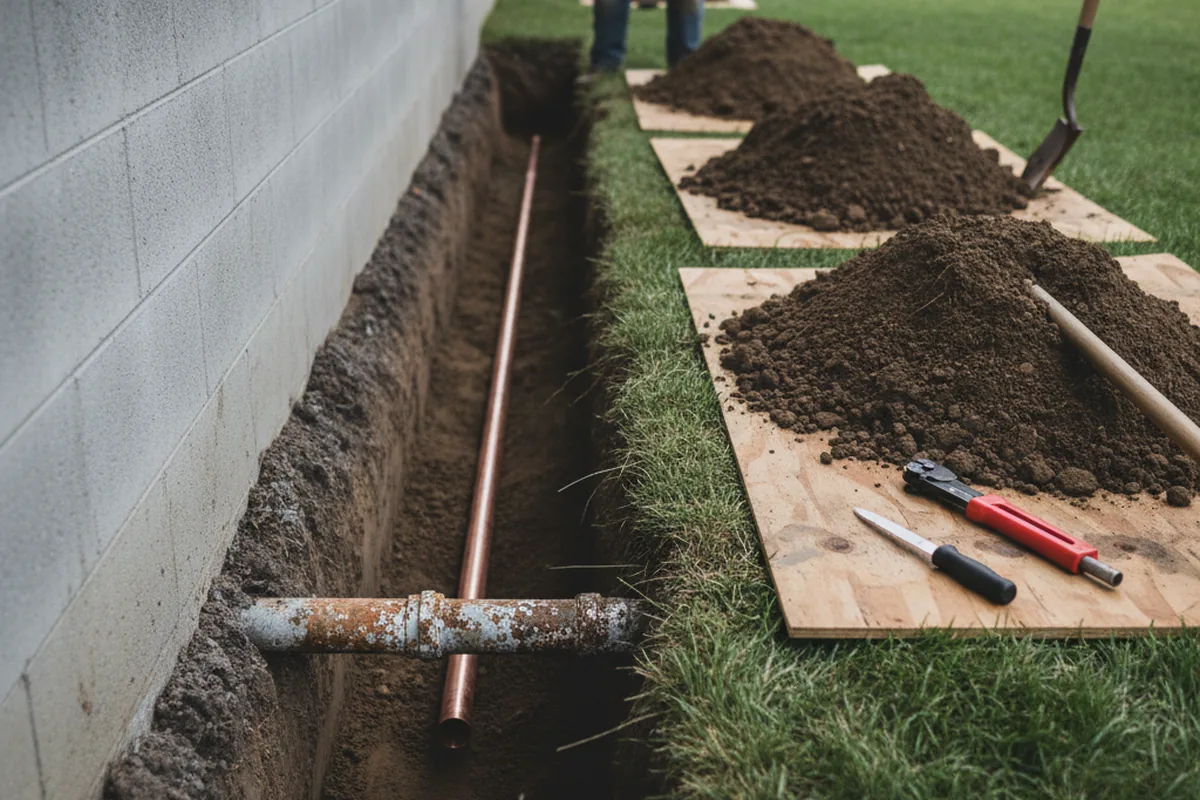 Excavated water line trench during Sewer Line Repair in Stockholm